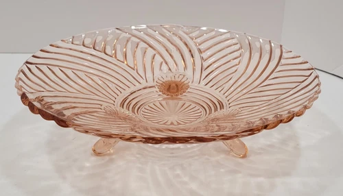 Vintage 9.75" Anchor Hocking Prismatic Swirl Pink Depression Glass 3 Footed Bowl