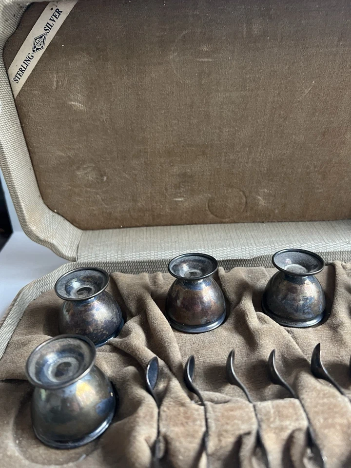 Antiguo Juego de 6 Salinas y Cucharas Webster Sterling con Monograma Diseño Raro Foto 2 de 4