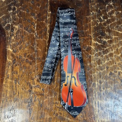 Rene Chagal Designer Hand Made Cello Musical Notes Graphic Tie w/ Tie Caddy