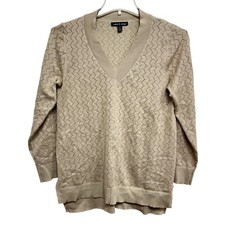 Cable Gauge Sweater Womens Medium Beige V Neck Textured Pullover Lightweight