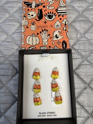 Piper K Gold Tone Triple Drop Candy Corn Drop Earrings Glass Stones NIB