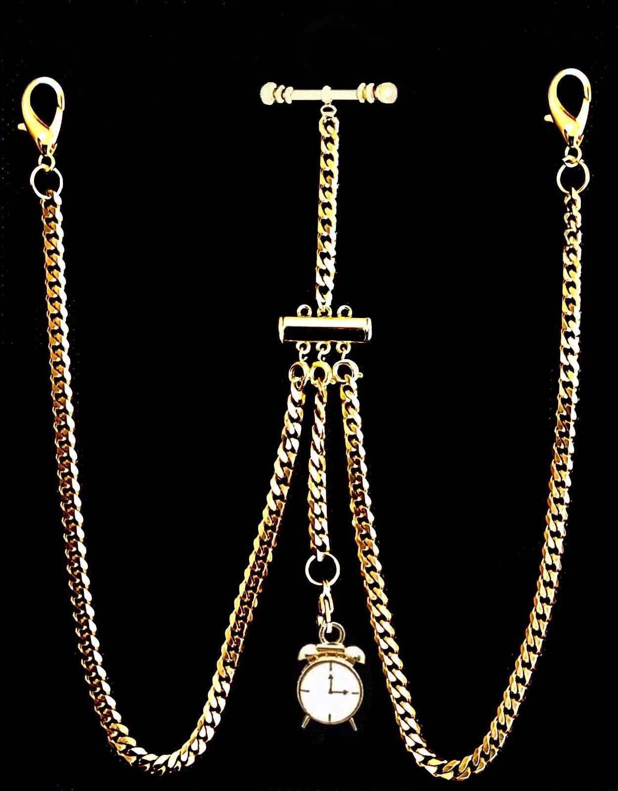 Gold Plated Strong Pocket Watch ALBERT Double Chain With Ornate Cross Fob.