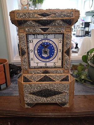 Unique One of A Kind Stone Faced Clock - Air Force Motif On Wood Base Vintage