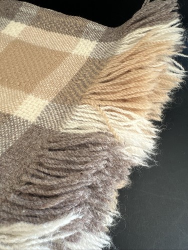 Vtg Pendleton Pure Virgin Wool Fringe Throw Blanket 66x52 Gray Beige Plaid USA - Picture 1 of 24
