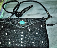 American Bling Ranch Black studded Turquoise concho tooled Leather Purse