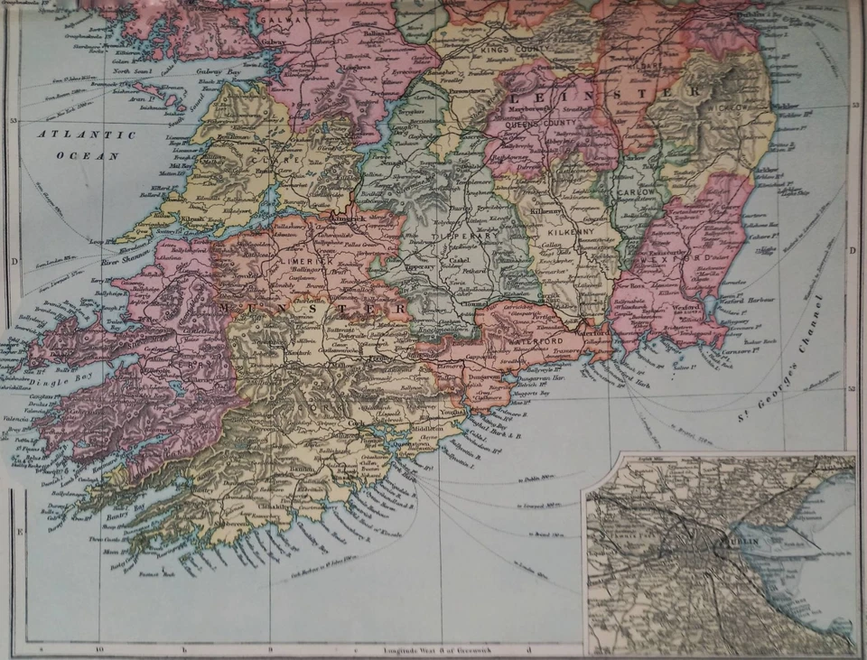 1897 Ireland large map. 128 years old. Dublin, Belfast, Cork, Galway, Waterford - Image 4 of 4