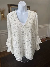 Vince Camuto Designer Blouse - White Gold Gilded  Flowing Top - Medium - Sheer