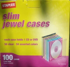 Staples Slim Jewel Cases 100/Pack New In BOX 50 Clear & 50 assorted Colors