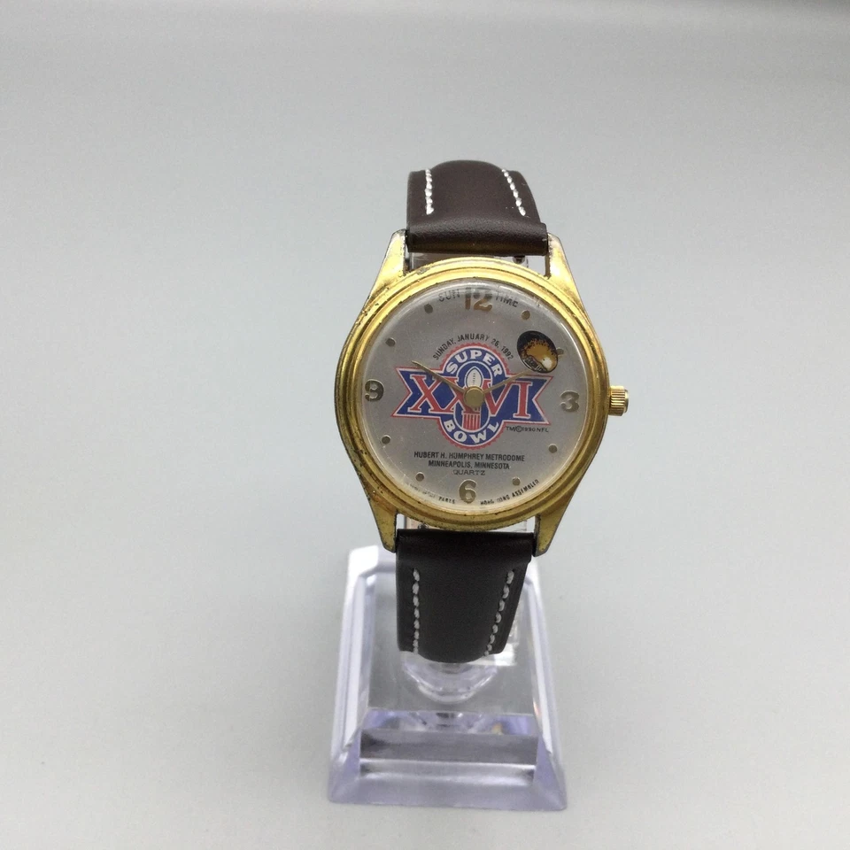Reloj De Colección Super Bowl XXVI Para Hombre Dorado NFL Fútbol Minneapolis Años 90 Batería Nueva Foto 2 de 4