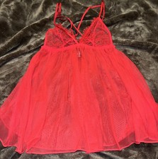 Victoria Secret Nightie Womens Small Red Baby Doll Sheer Lace Neglige Chemise