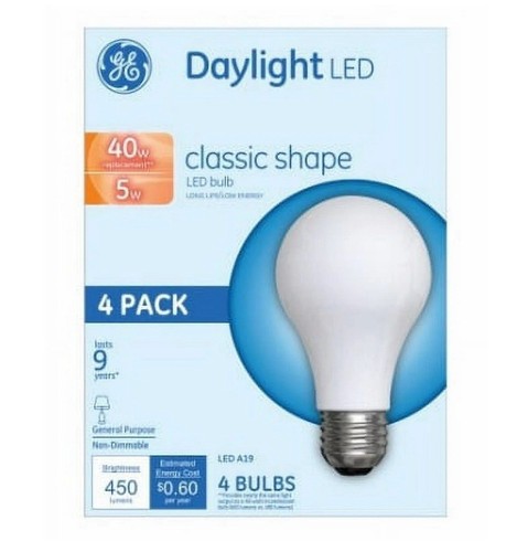 GE LED Daylight 5 Watt (40 Watt Equivalent) General Purpose A19 Light Bulbs 4PK - Picture 1 of 6