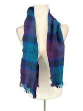 VTG Blue Purple Plaid 100 Lambswool Scarf Fringe Made in West Germany 50" Long