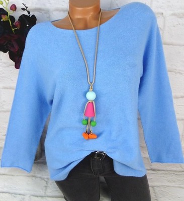 Italy Pullover Pulli Shirt Damen Strick Sweatshirt Tunika Weich Blau M 38 40 42