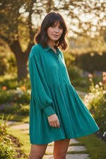 NWT Palms Away S Teal Button Front Mini Dress Long Sleeve Smocked Boho Tunic