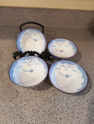 4 Sousaku Japan Smiling Fat Cat Blue Bowls 4.5'' 