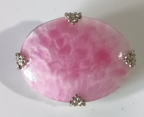 Vintage ovale silberfarbene Brosche mit poliertem gepunktetem rosa Stein - Rosenquarz? - Bild 2 von 9