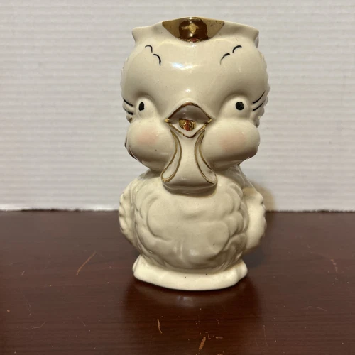 Shawnee Pottery Chickadee Pitcher Owl Bird Milk Creamer Gold Gilt Accents