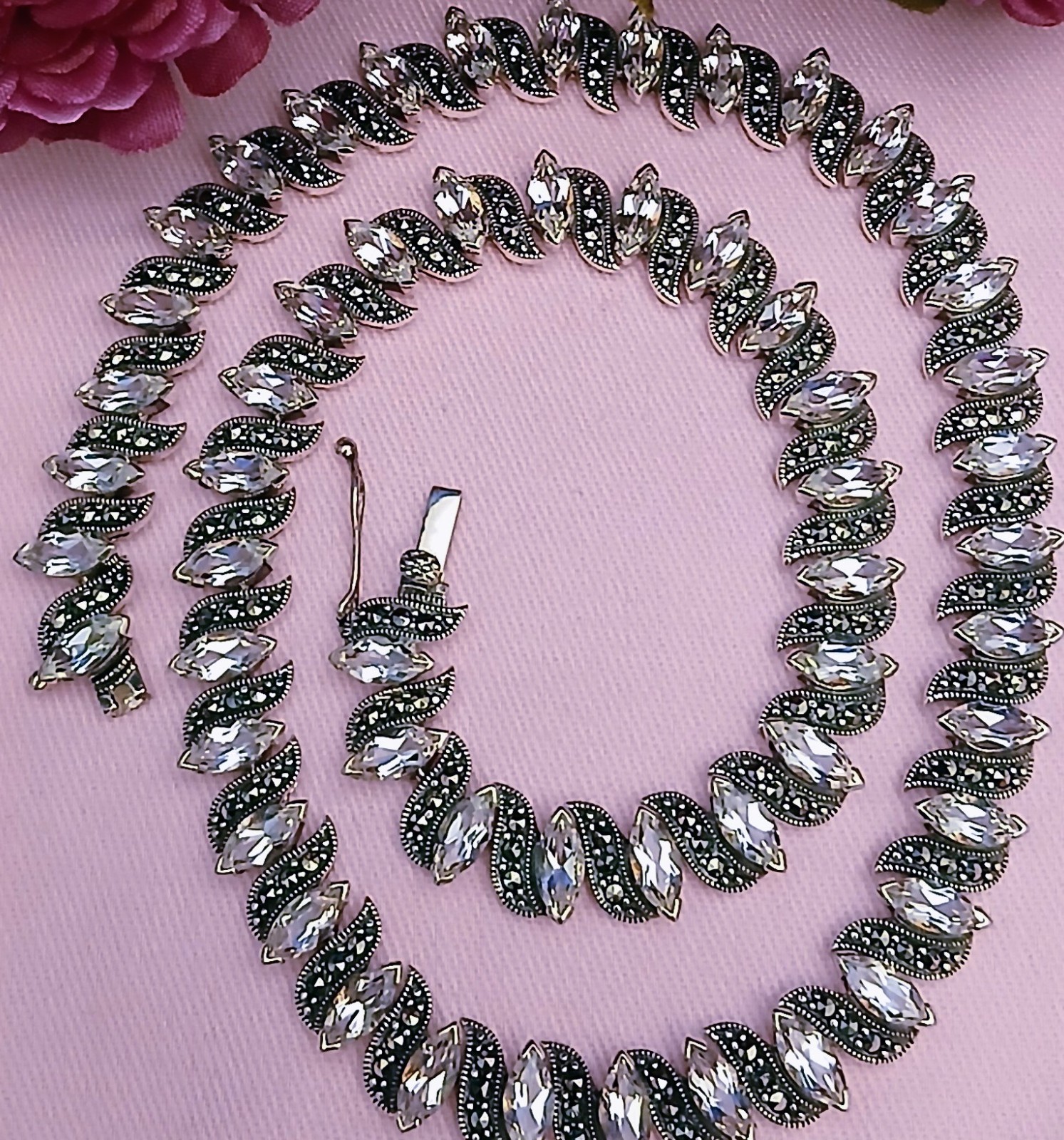 HEAVY Vintage SOLID Sterling Silver Marcasite Top… - image 3