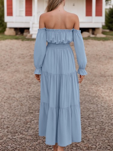Sexy Maxi Vestido Para Mujer Fuera del Hombro Manga Larga Cintura Alta Lateral Dividido Largo - Imagen 6 de 13