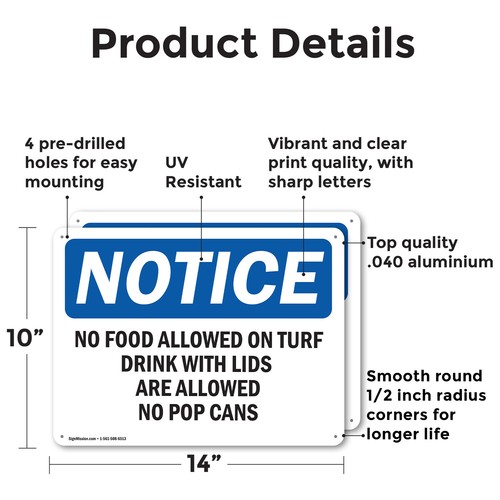 (2 Pack) No Food Allowed On Turf Drinks With Lids OSHA Notice Sign Decal Metal - Bild 2 von 22