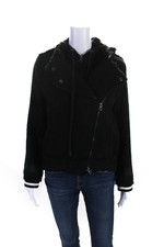 Central Park West Womens Front Zip Hooded Fringe Tweed Jacket Black Size Small