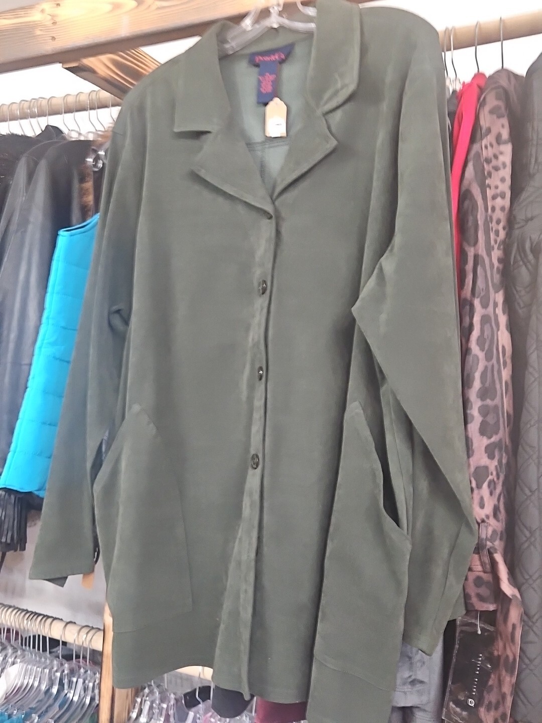 DENIM & CO. Kahki Green Faux Suede Top Jacket   Button Down Y2K 1X New