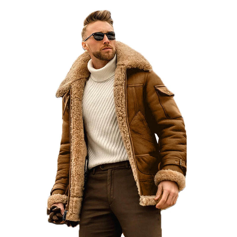 Mens Faux Lamb Shearling Sheep Skin  Flying jacket Winter  Coat - Image 4 of 4