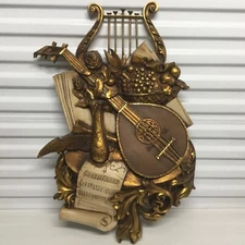 Vintage 1971 Syroco Music Wall Hanging Plaque 7236 Lute Lyre Instrument All Gold