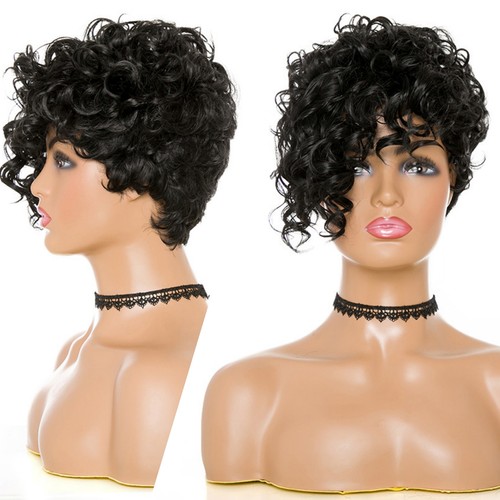 Pixie Cut Afro Curly Wave Wigs Black Synthetic Hair Wig With Side Bangs Natural - 第 2/12 張圖片