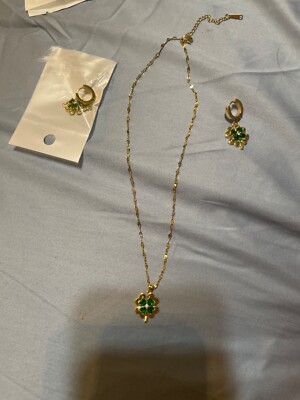 18 k gold plated lucky clover necklace pendant earings set cubic zirconia