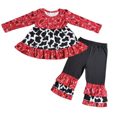 Girls Tunic Ruffle Pants Set 2Pcs Paisley Cow Print Outfit