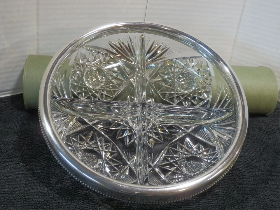 RARO circa 1907 Gorham 8"" cristal de plomo cuenco dividido con borde de plata de ley Foto 4 de 4
