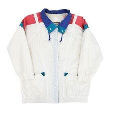 Vintage 80s Windbreaker Jacket Women's Size M White Color Block Retro Snap Coat