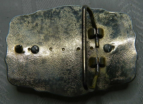Western Belt Buckle Silvertone w Goldtone Detail Black & White Stone Center 3"X2 - Picture 3 of 5