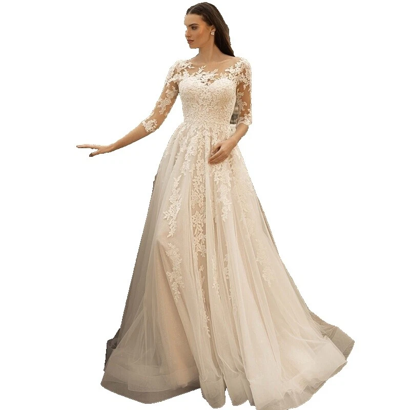 Vestidos de novia de tul con cuentas de manga 3/4