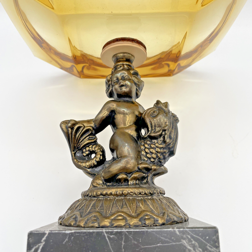 Cherub & Koi Fish Pedestal Amber Glass Ashtray Marble Base - Hollywood Regency - Picture 14 of 15