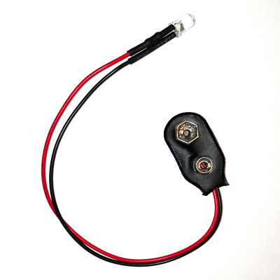 3mm LED mit Batterieclip für 9V, Anschlussfertig, Länge 200mm, LED ohne Löten