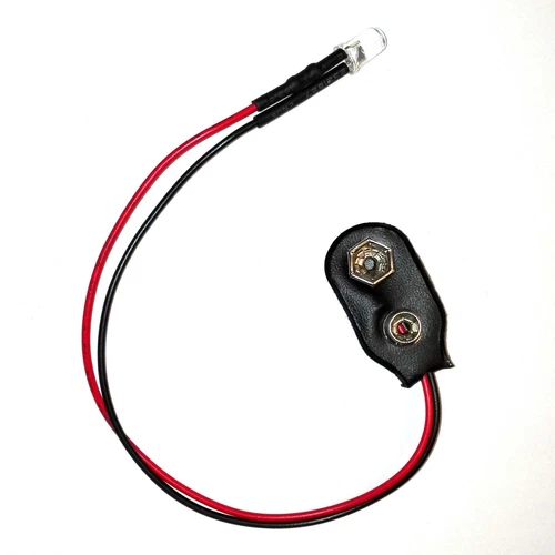 5mm LED mit Batterieclip für 9V, Anschlussfertig, Länge 200mm, LED ohne Löten