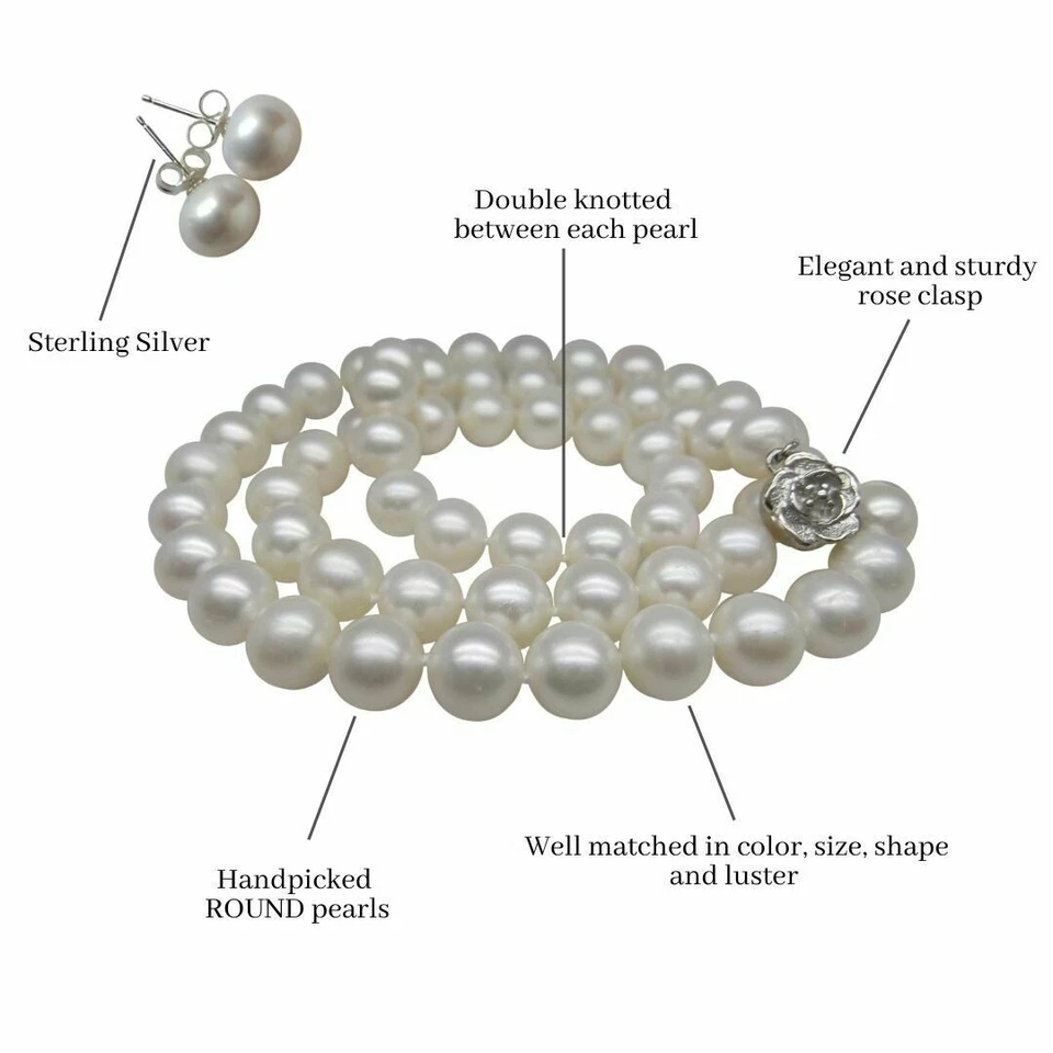 Genuino Conjunto de Pendientes Collar de Perlas Blancas Redondas 9-10mm Cultivadas Agua Dulce  Foto 2 de 4