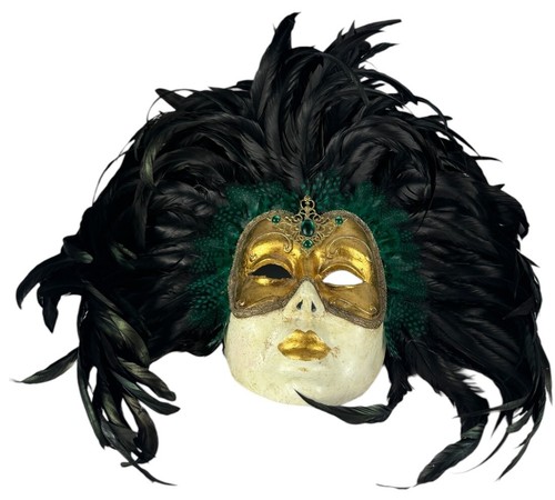 Venetian Mask - Ca’ Del Sol - Feathers Rooster - Golden - Green - Pearls - Picture 2 of 10