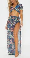 NEW PLT Navy Bright Floral Bikini & Maxi Sarong Beach Set Co-ord Sz 16 NWT