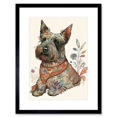 Scottish Terrier Dog Flower Pattern Modern Framed Wall Art Print Picture 12X16