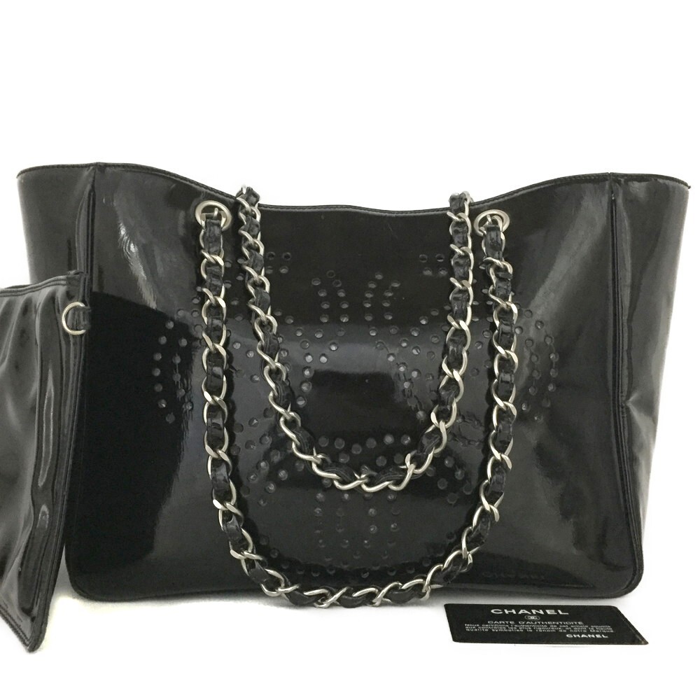 CHANEL Punched CC Logo Patent Leather Chain Shoulder Tote Bag/4AE0402