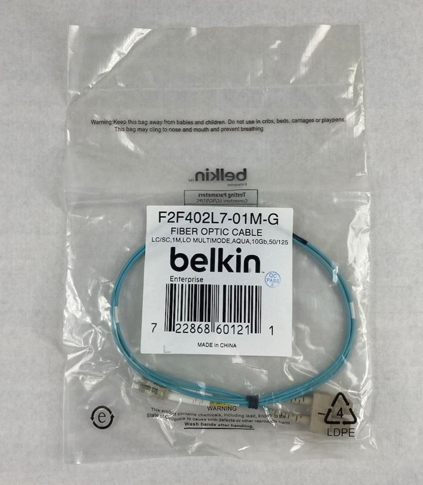 Belkin F2F402L7-01M-G  LC to SC 1M LO Multimode Aqua 10Gb Fiber Optic Cable - Image 3 of 4