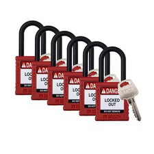 Brady Sdpl-Red-38Pl-Kd6 Padlock, 6 Pins, Red, Pk6,  Keyed Different,  Nylon,