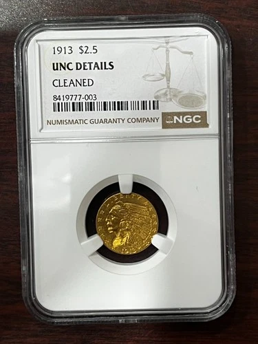 1913 $2.50 Indian Head Gold Quarter Eagle Unc. Details Cleaned