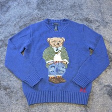 Ralph Lauren Polo Bear Sweater Kids Size 8 Intarsia Chunk Knit Preppy Bear Blue