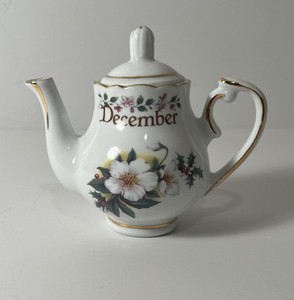 Miniature “December” Tea-Pot Floral Design Golden Crown E&R