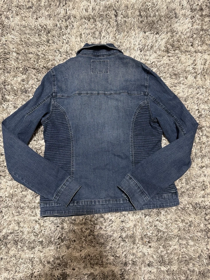 Chaqueta de moto vaquera Guess para mujer XL lavado medio cremallera frontal elastizada paneles acanalados Foto 3 de 4