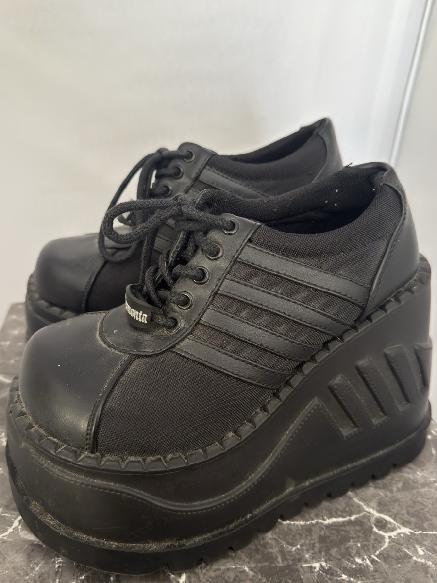 Demonia Stomp-08 Black Platform Shoes 90s Rave Cyber Goth Sneakers
